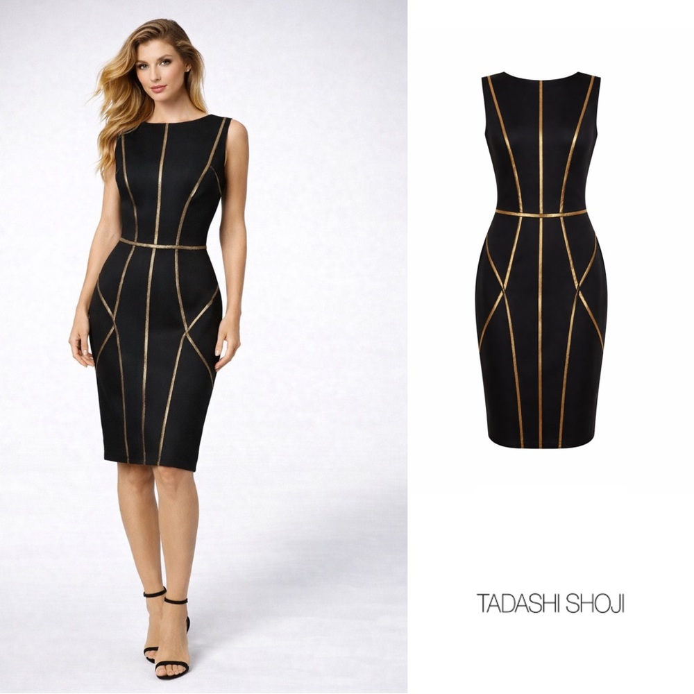 NEW Tadashi Shoji Black Dress with Gold Detailing